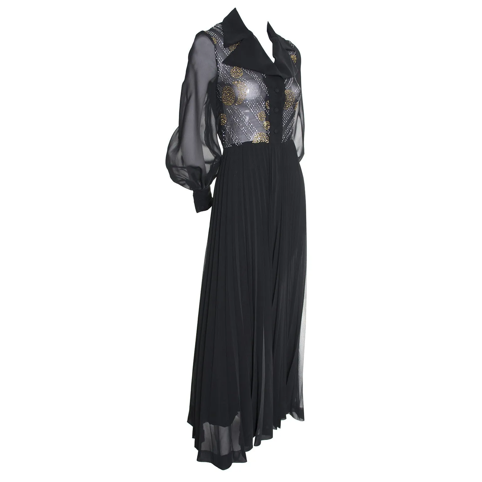 1970s Sparkle Vintage Dress Black Maxi Sheer Bodice