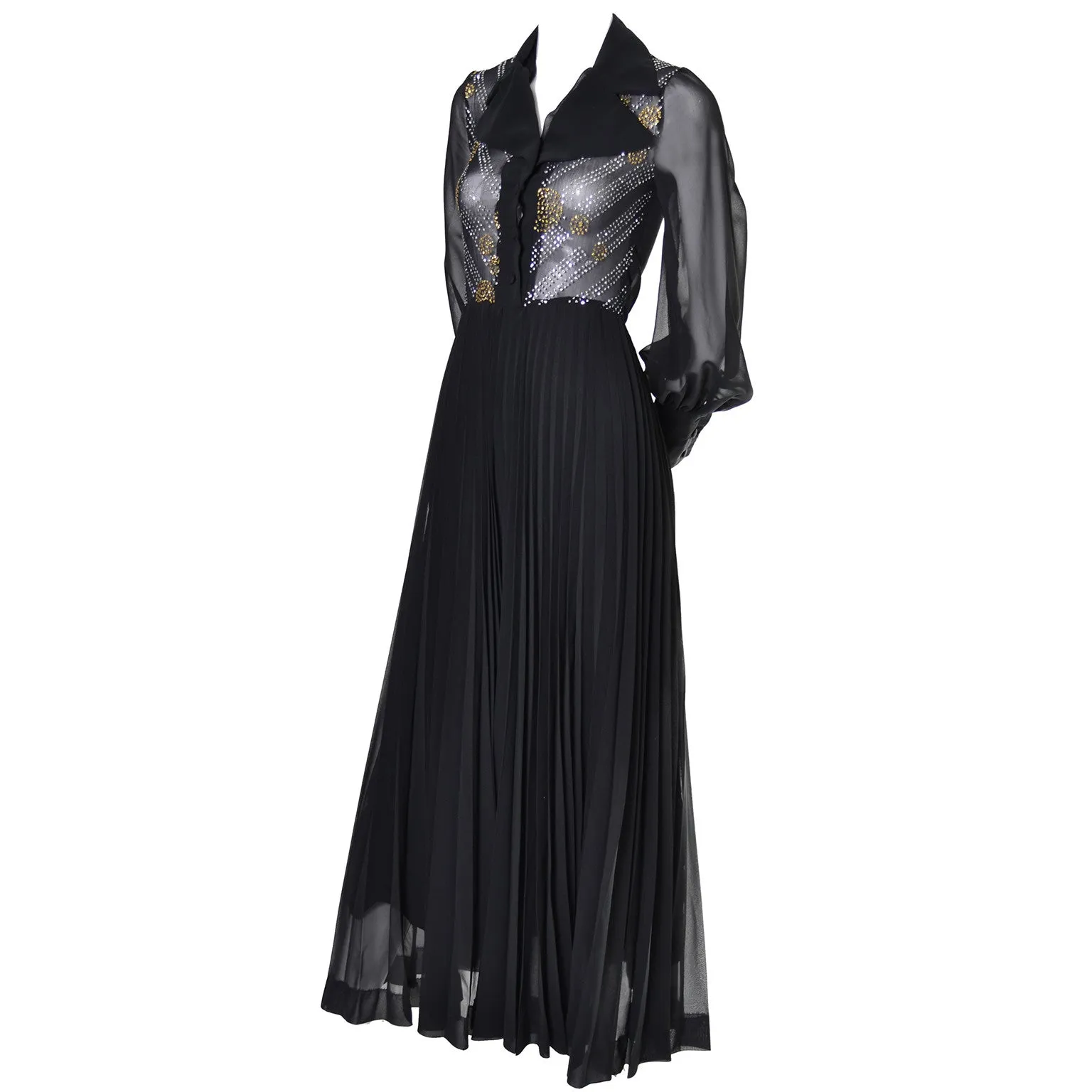 1970s Sparkle Vintage Dress Black Maxi Sheer Bodice