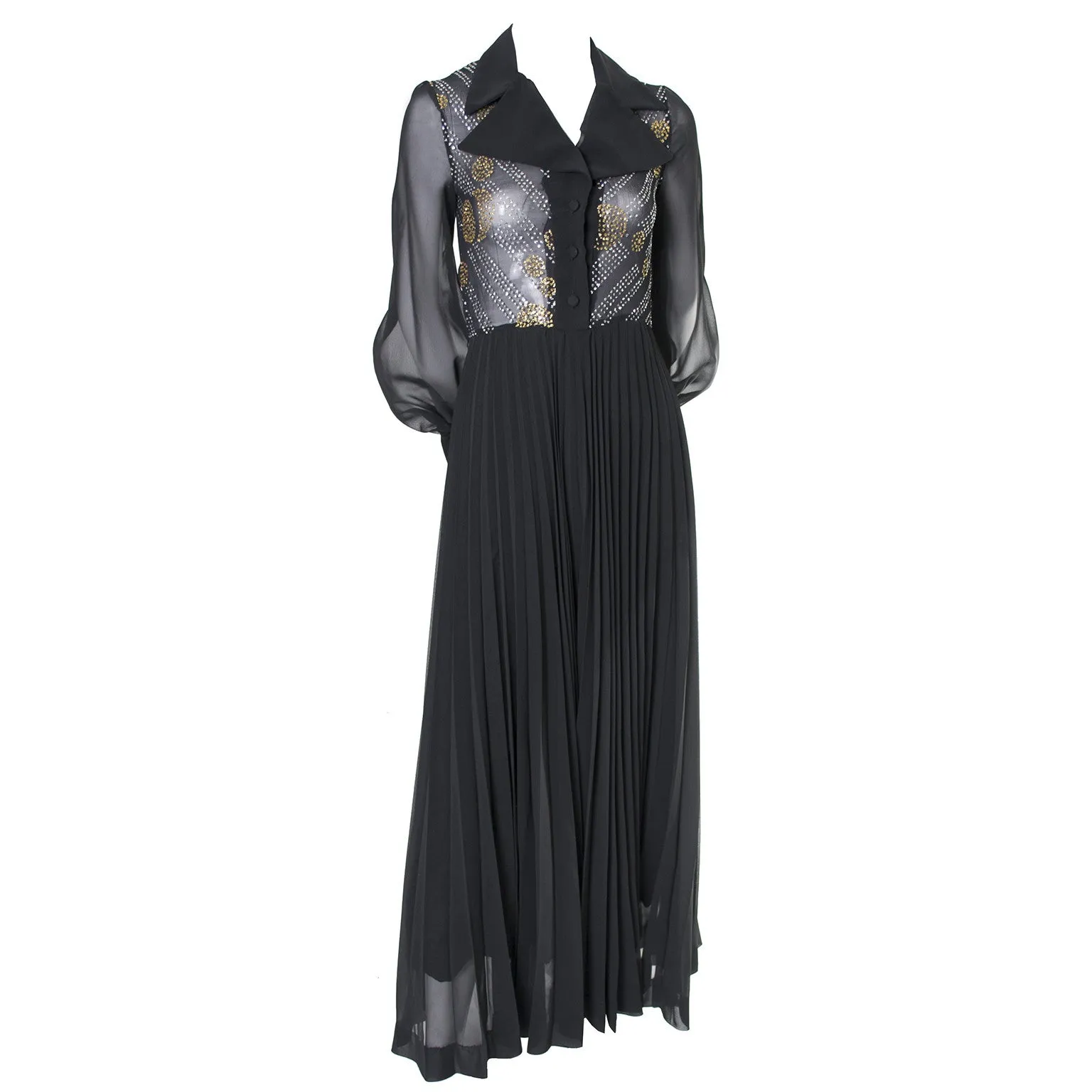 1970s Sparkle Vintage Dress Black Maxi Sheer Bodice