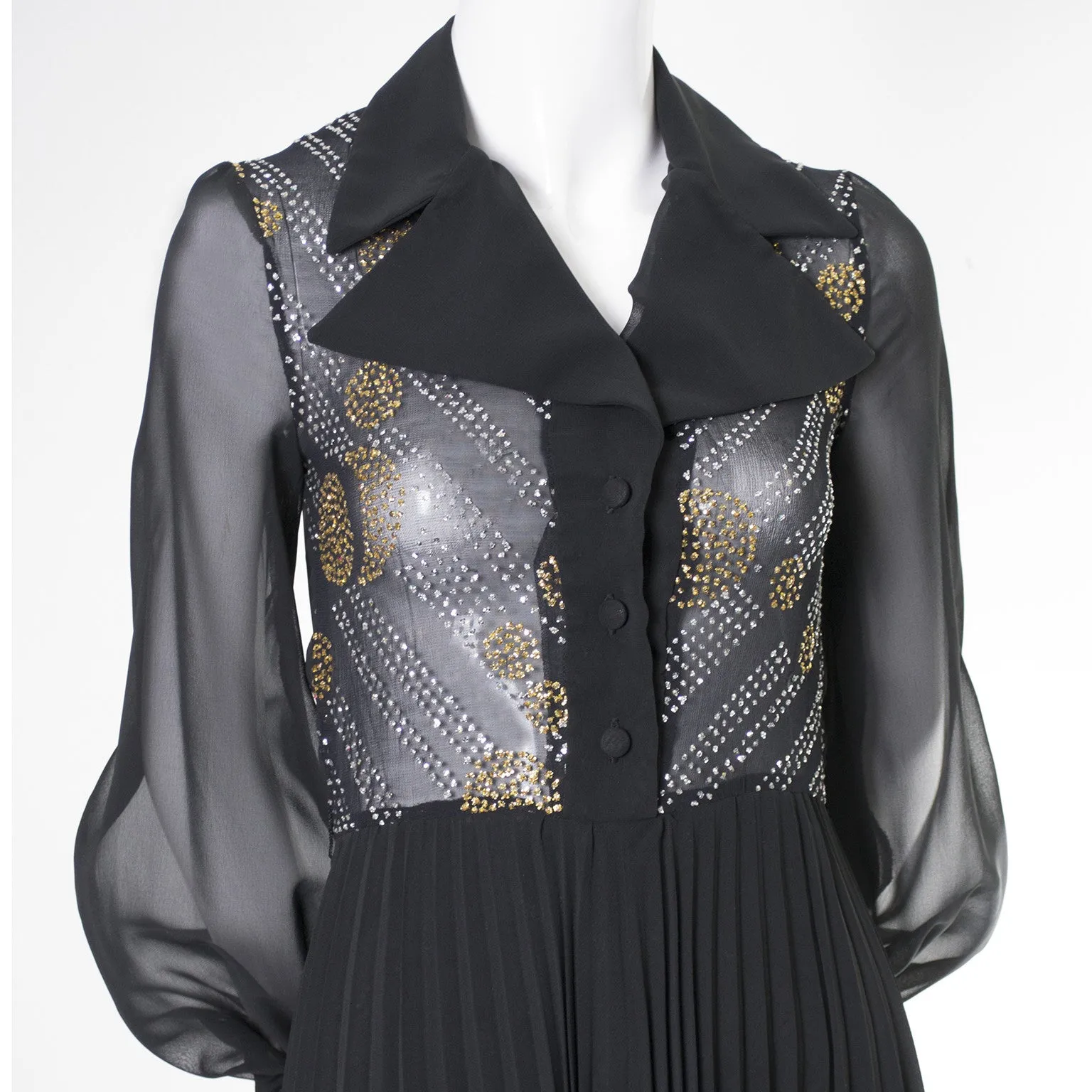 1970s Sparkle Vintage Dress Black Maxi Sheer Bodice