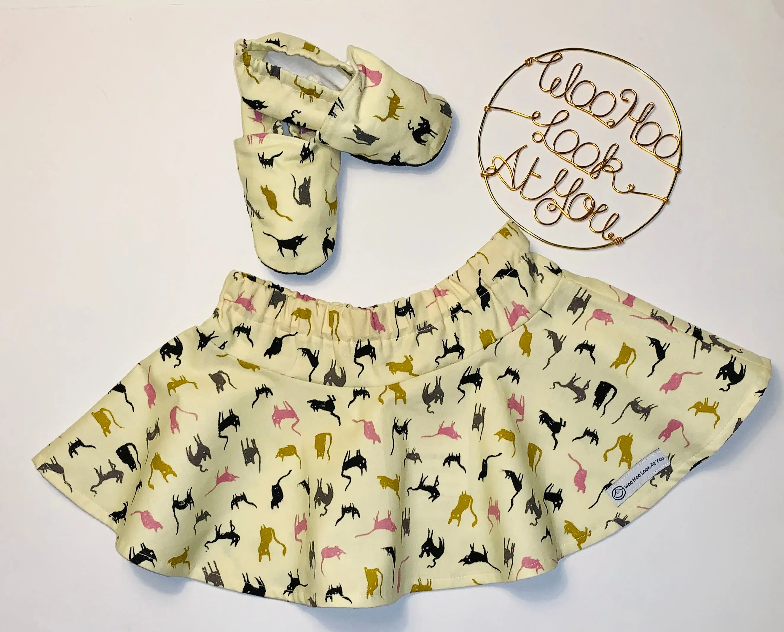 2 Piece Set - Skirt & Slip Ons - Multi-Coloured Cats