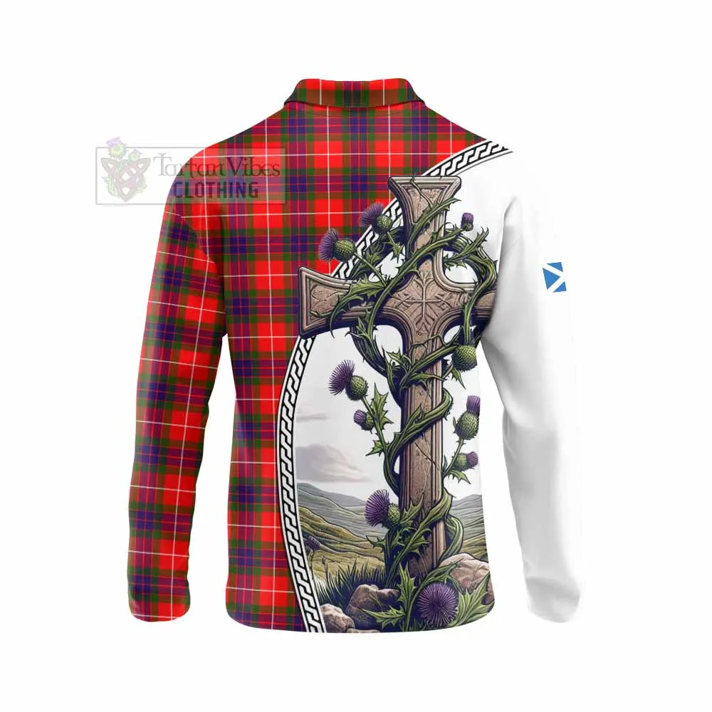 Abernethy Tartan Long Sleeve Polo Shirt with Family Crest and St. Andrew's Cross Accented by Thistle Vines