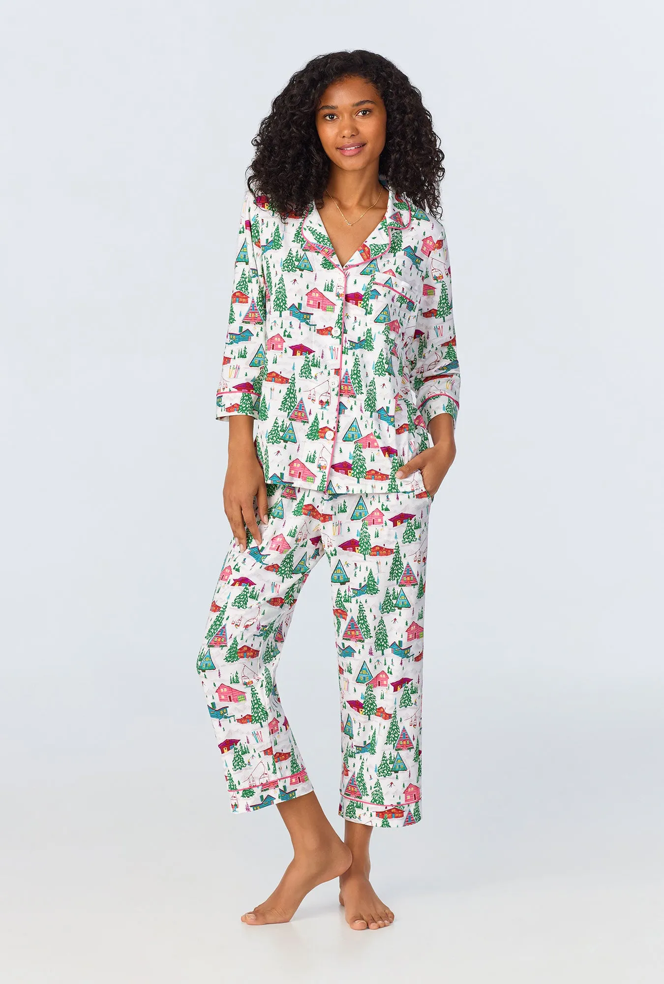 Alpine Cabins 3/4 Sleeve Classic Stretch Jersey Cropped PJ Set