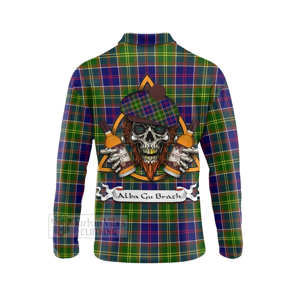 Arnott Tartan Long Sleeve Polo Shirt with Family Crest and Bearded Skull Holding Bottles of Whiskey
