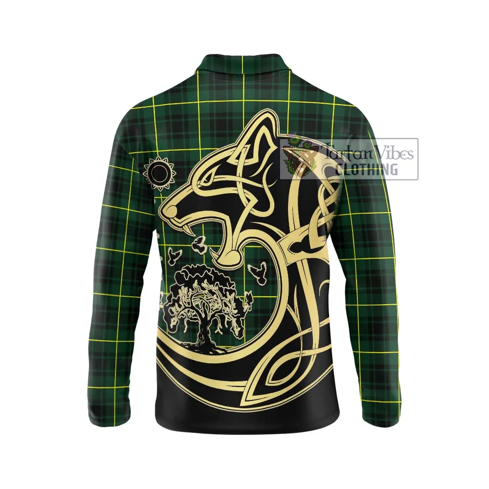 Arthur Modern Tartan Long Sleeve Polo Shirt with Family Crest Celtic Wolf Style