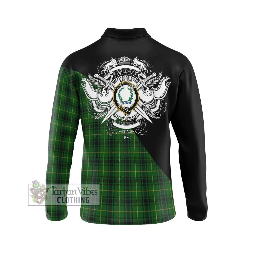 Arthur Tartan Long Sleeve Polo Shirt with Family Crest and Military Logo Style