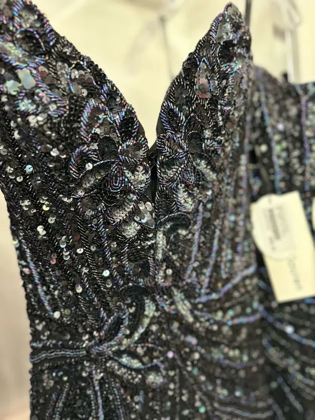 Ashley Lauren 11236 Long Fitted V Neck Prom Dress Slit Beaded Sequin Pageant Gown
