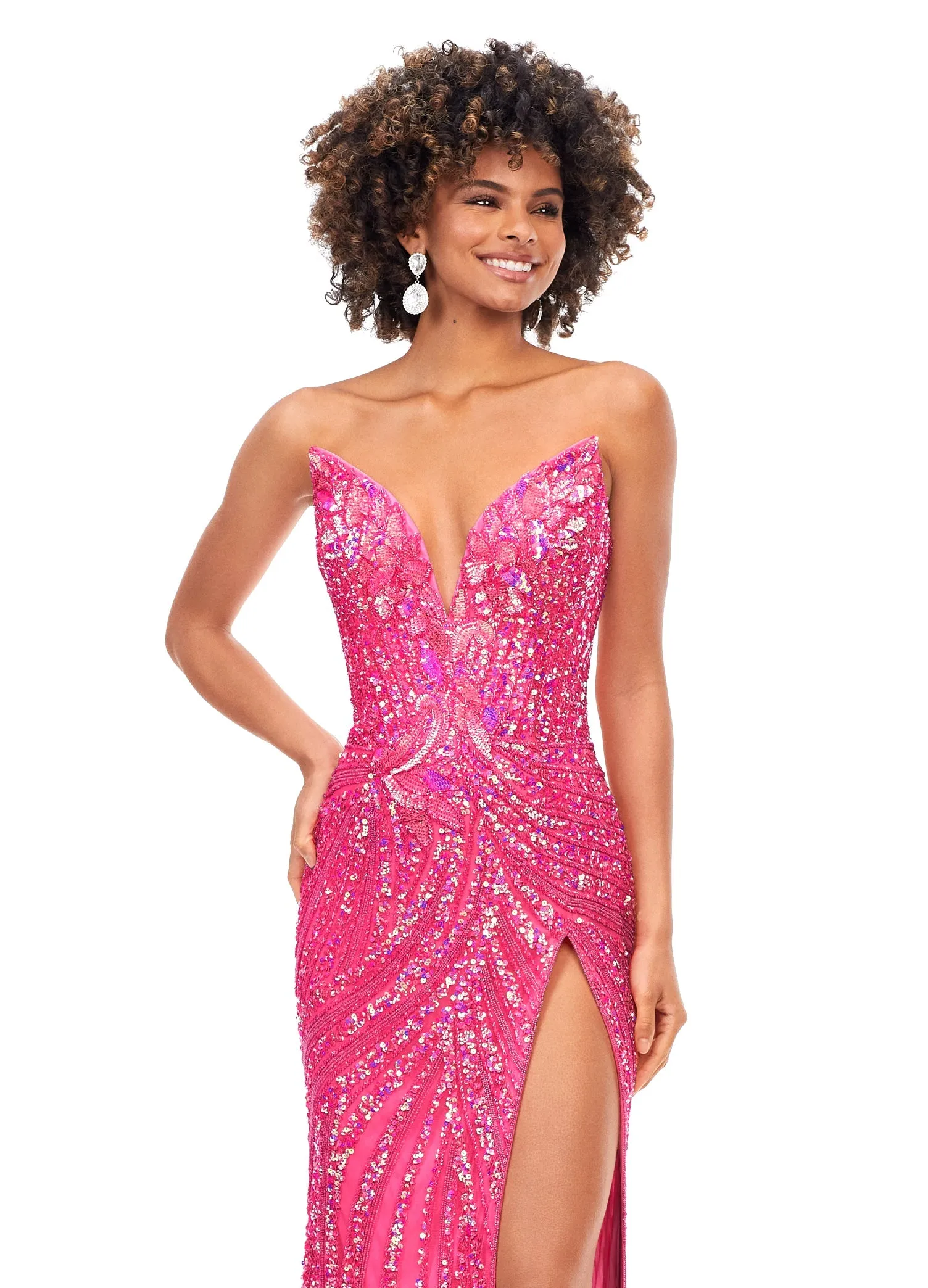Ashley Lauren 11236 Long Fitted V Neck Prom Dress Slit Beaded Sequin Pageant Gown