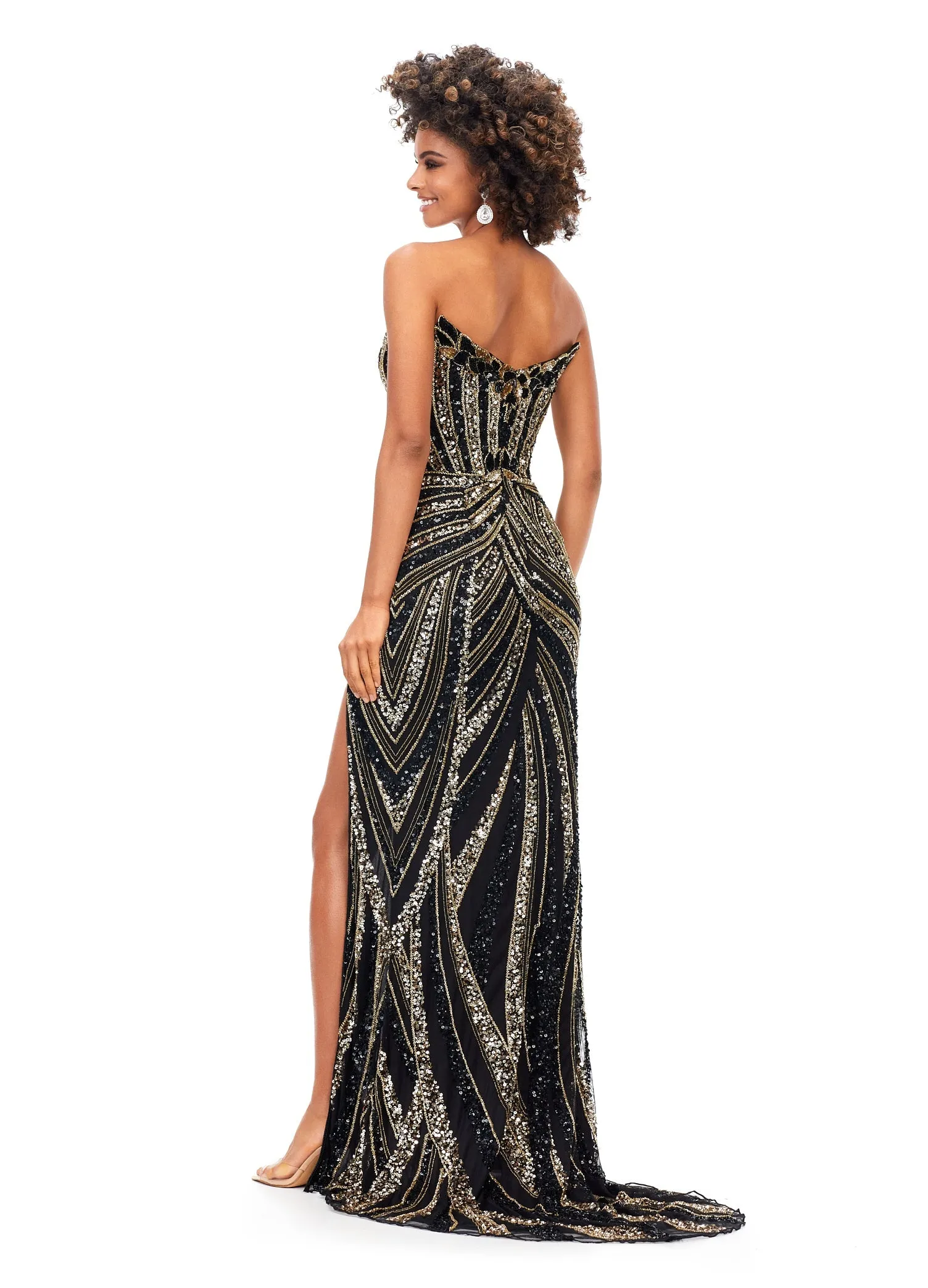Ashley Lauren 11236 Long Fitted V Neck Prom Dress Slit Beaded Sequin Pageant Gown