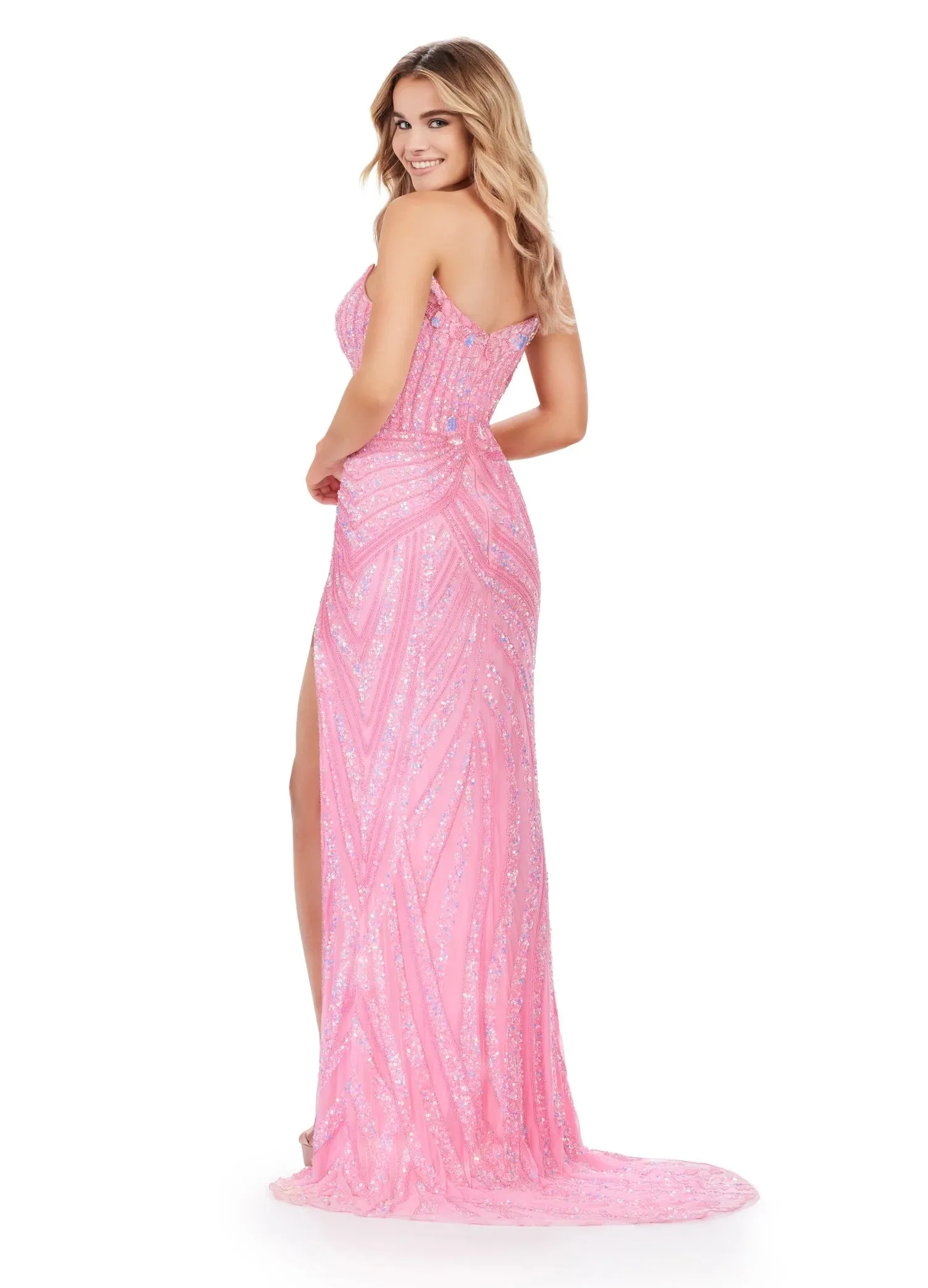Ashley Lauren 11236 Long Fitted V Neck Prom Dress Slit Beaded Sequin Pageant Gown