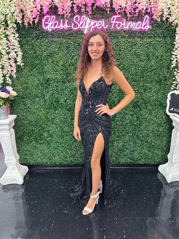 Ashley Lauren 11236 Long Fitted V Neck Prom Dress Slit Beaded Sequin Pageant Gown