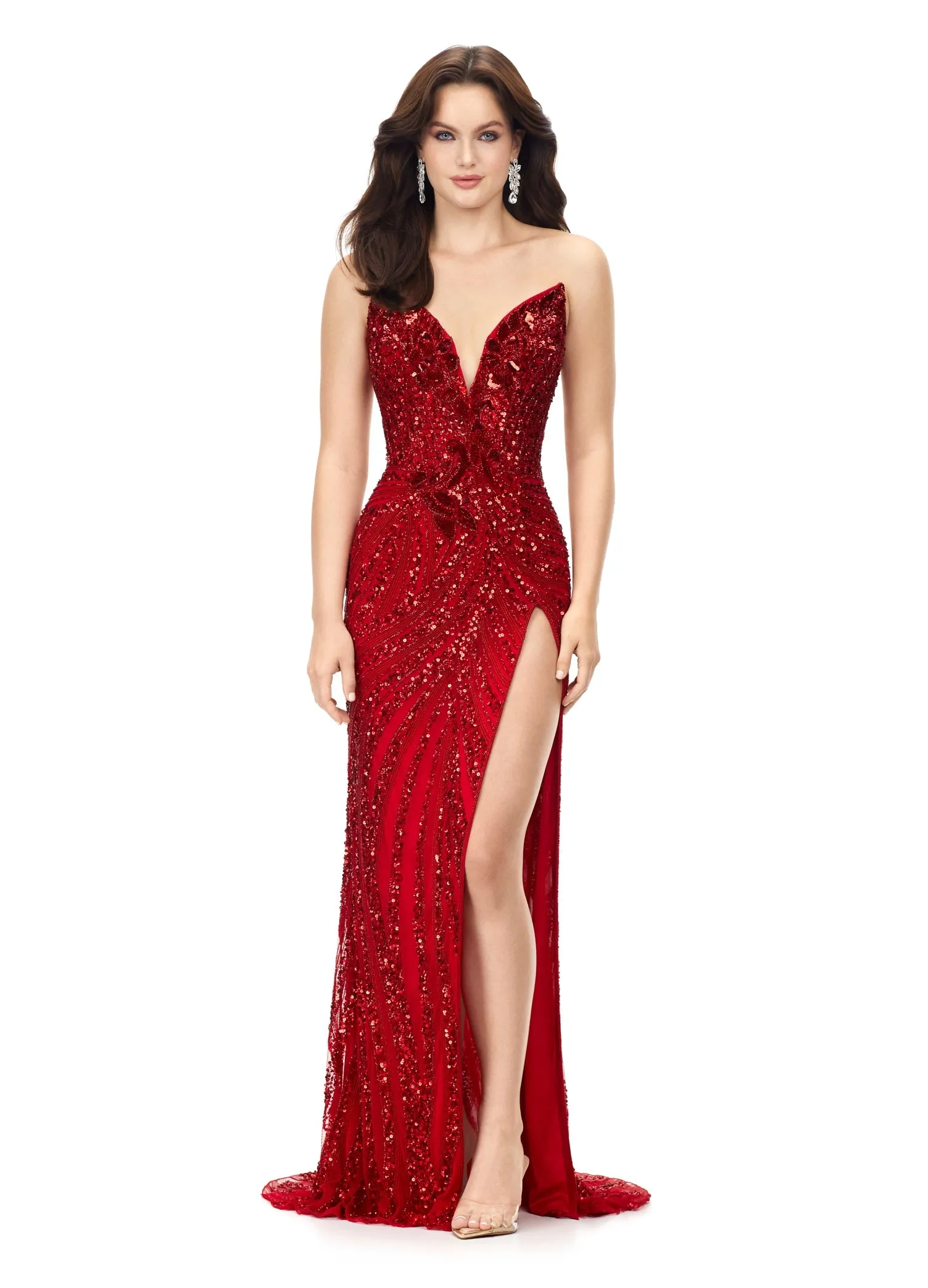 Ashley Lauren 11236 Long Fitted V Neck Prom Dress Slit Beaded Sequin Pageant Gown