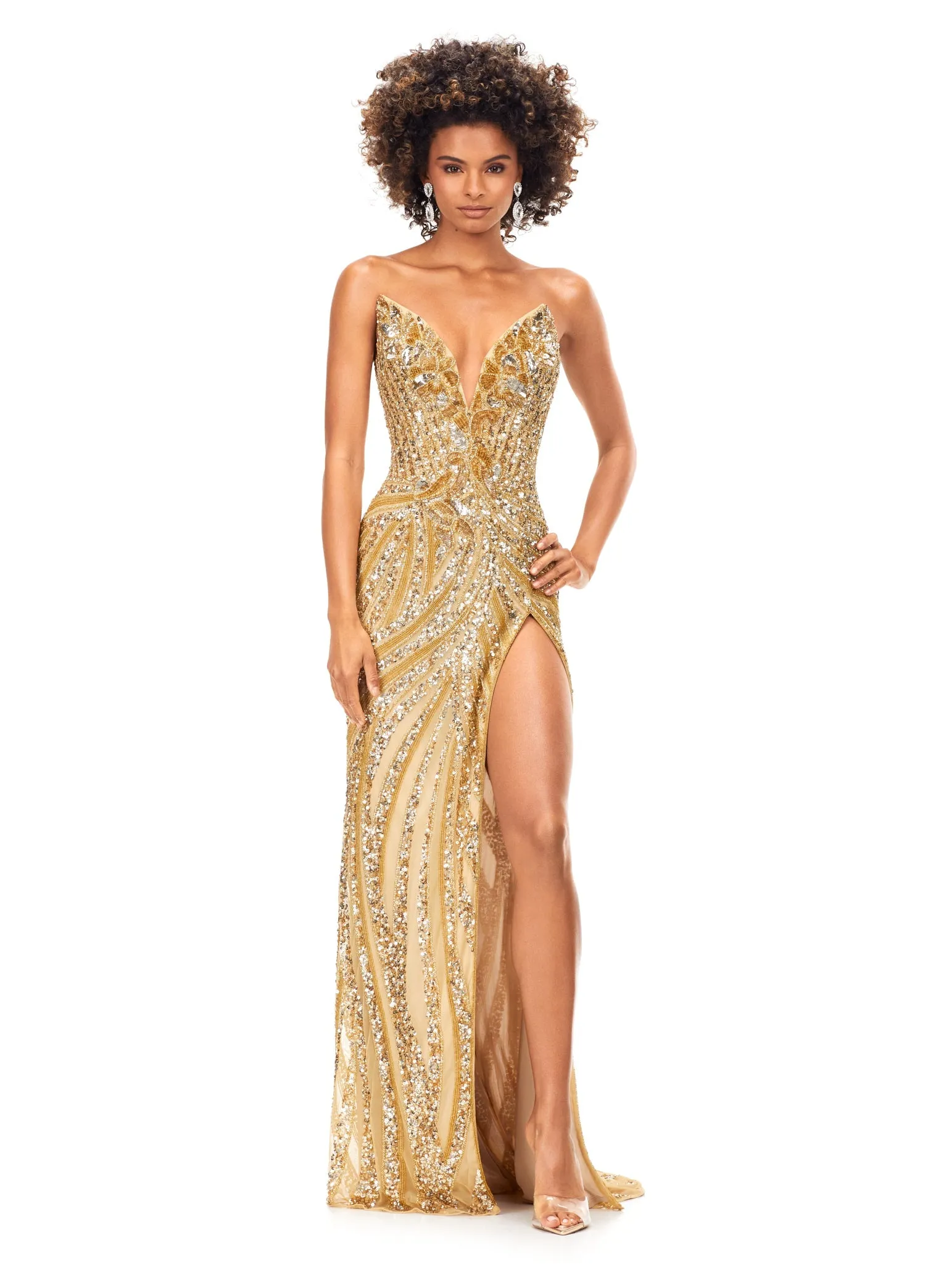 Ashley Lauren 11236 Long Fitted V Neck Prom Dress Slit Beaded Sequin Pageant Gown