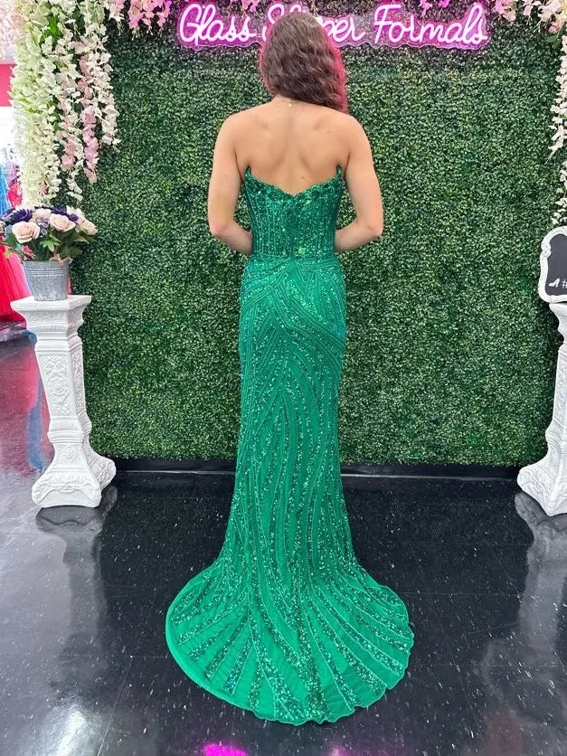 Ashley Lauren 11236 Long Fitted V Neck Prom Dress Slit Beaded Sequin Pageant Gown