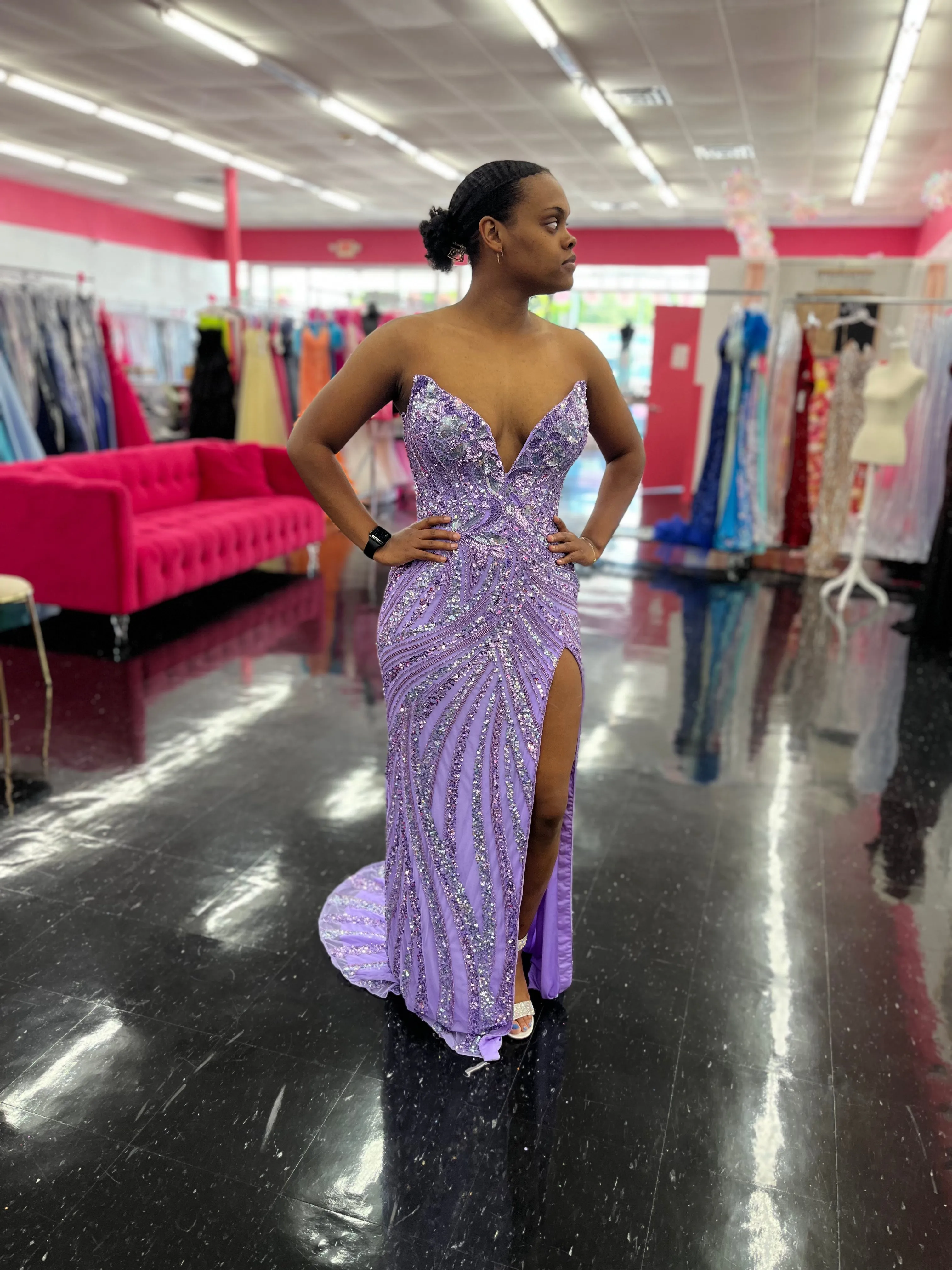 Ashley Lauren 11236 Long Fitted V Neck Prom Dress Slit Beaded Sequin Pageant Gown