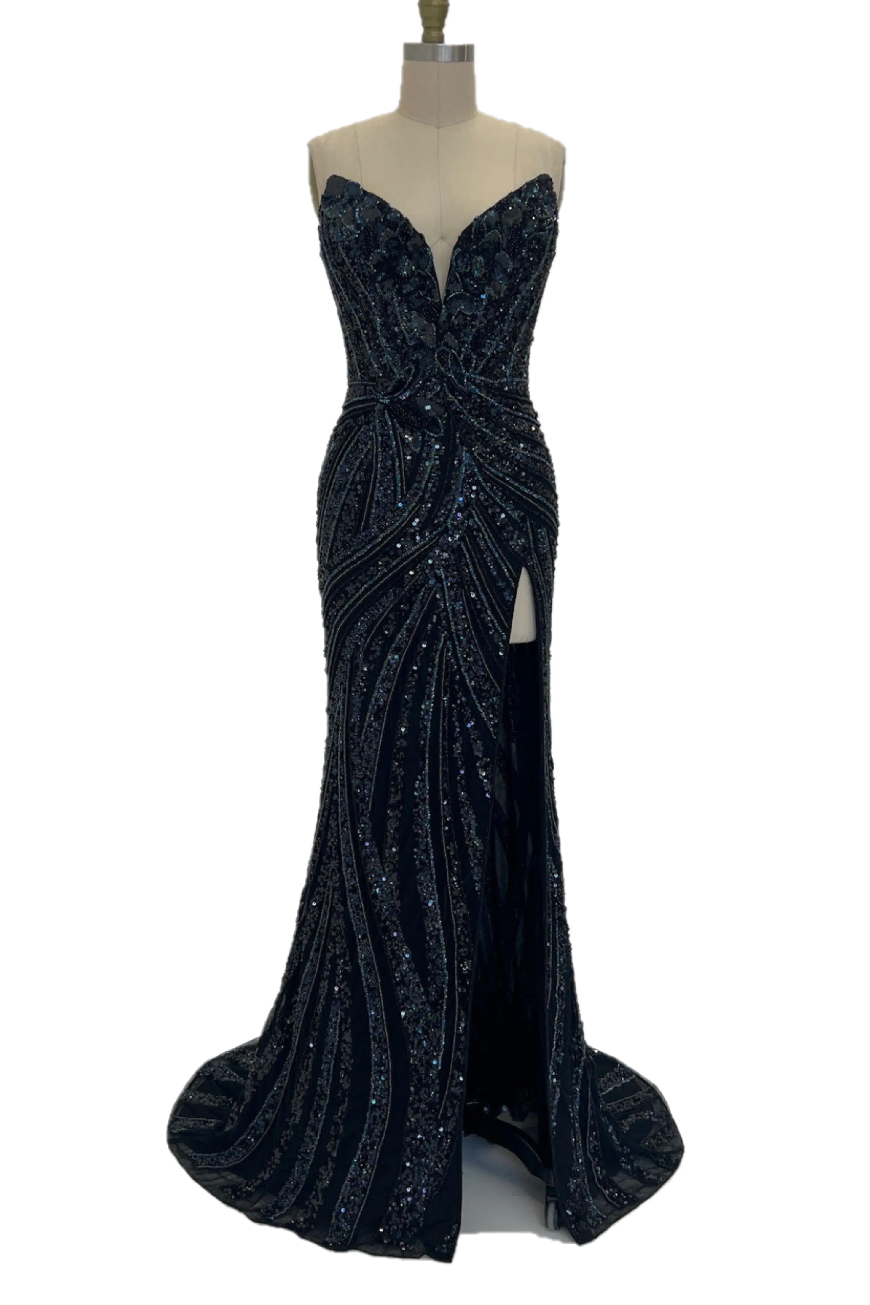 Ashley Lauren 11236 Long Fitted V Neck Prom Dress Slit Beaded Sequin Pageant Gown
