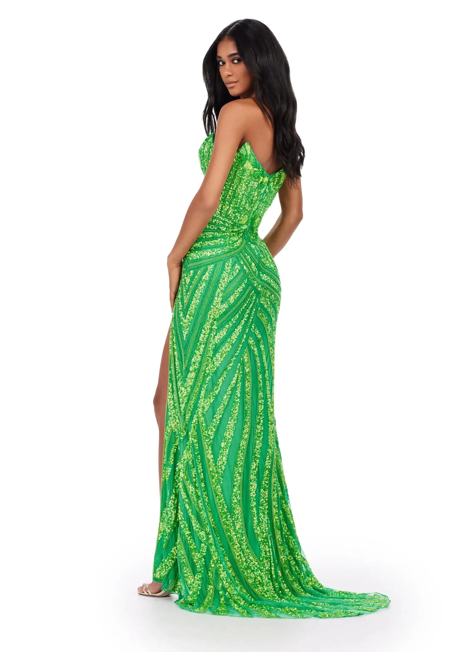 Ashley Lauren 11236 Long Fitted V Neck Prom Dress Slit Beaded Sequin Pageant Gown