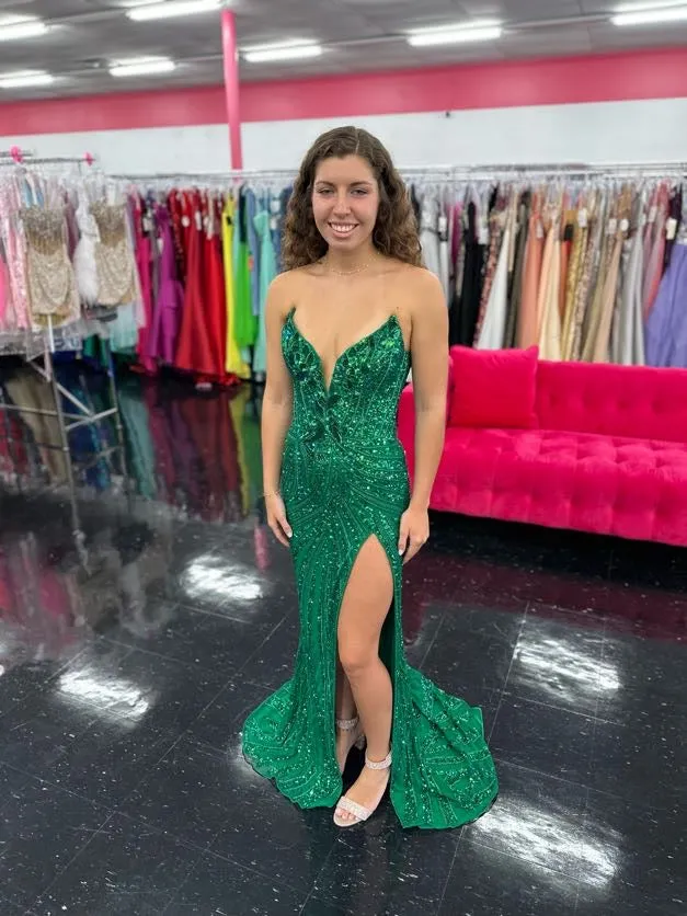 Ashley Lauren 11236 Long Fitted V Neck Prom Dress Slit Beaded Sequin Pageant Gown