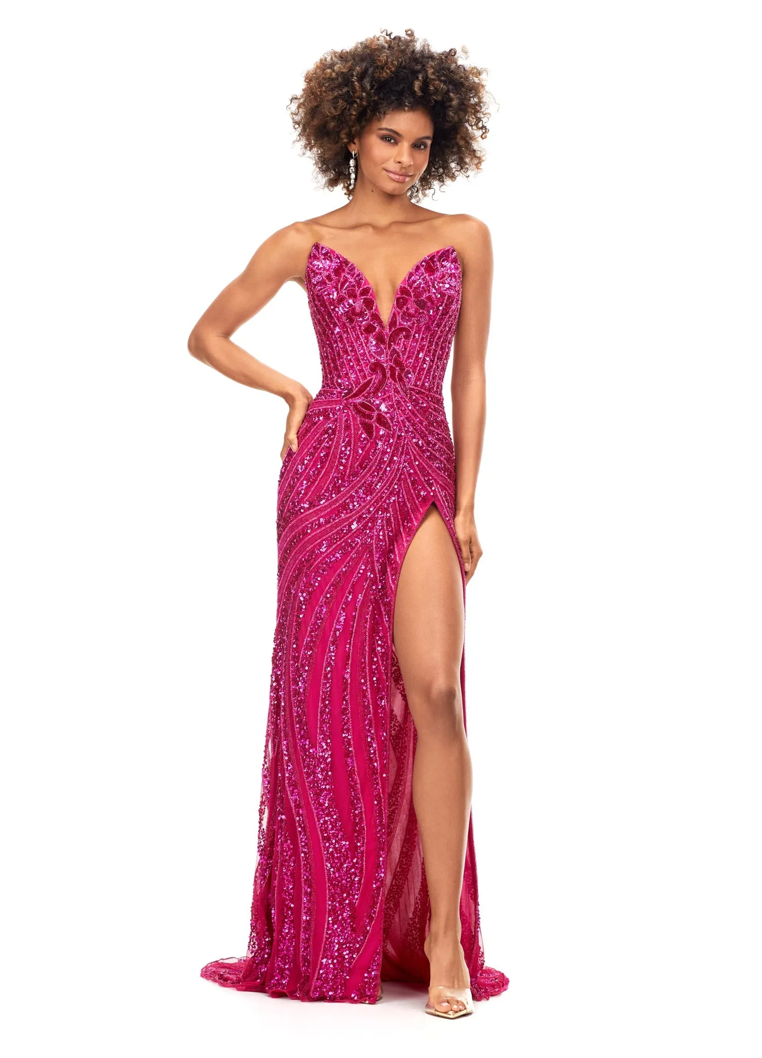 Ashley Lauren 11236 Long Fitted V Neck Prom Dress Slit Beaded Sequin Pageant Gown