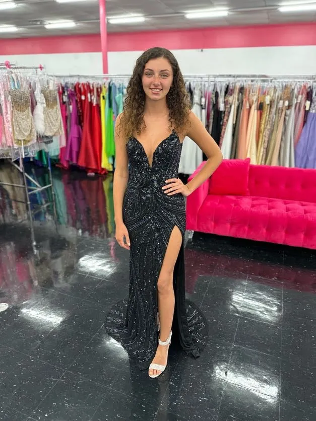 Ashley Lauren 11236 Long Fitted V Neck Prom Dress Slit Beaded Sequin Pageant Gown