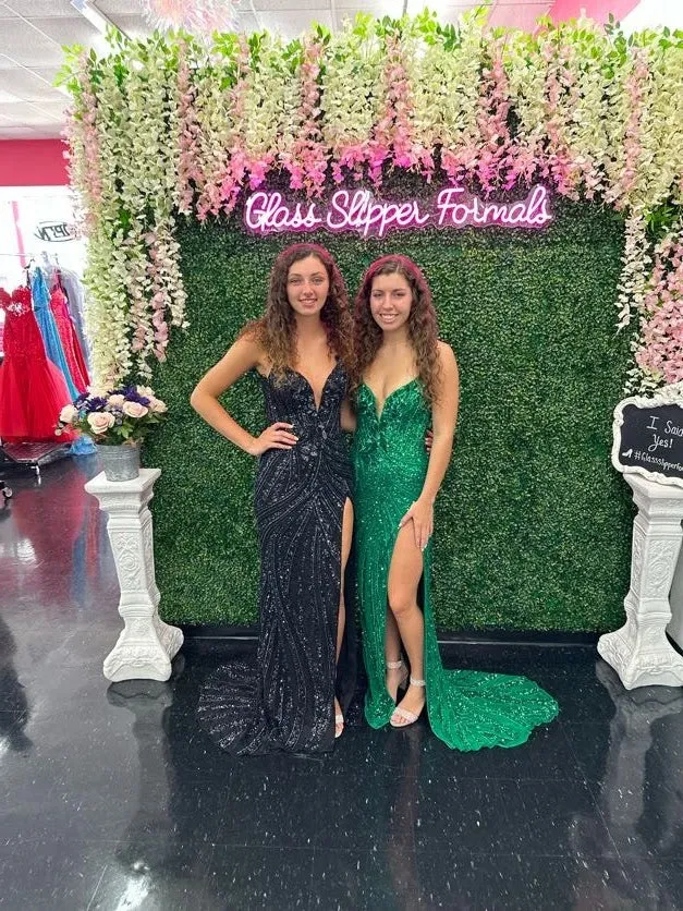 Ashley Lauren 11236 Long Fitted V Neck Prom Dress Slit Beaded Sequin Pageant Gown