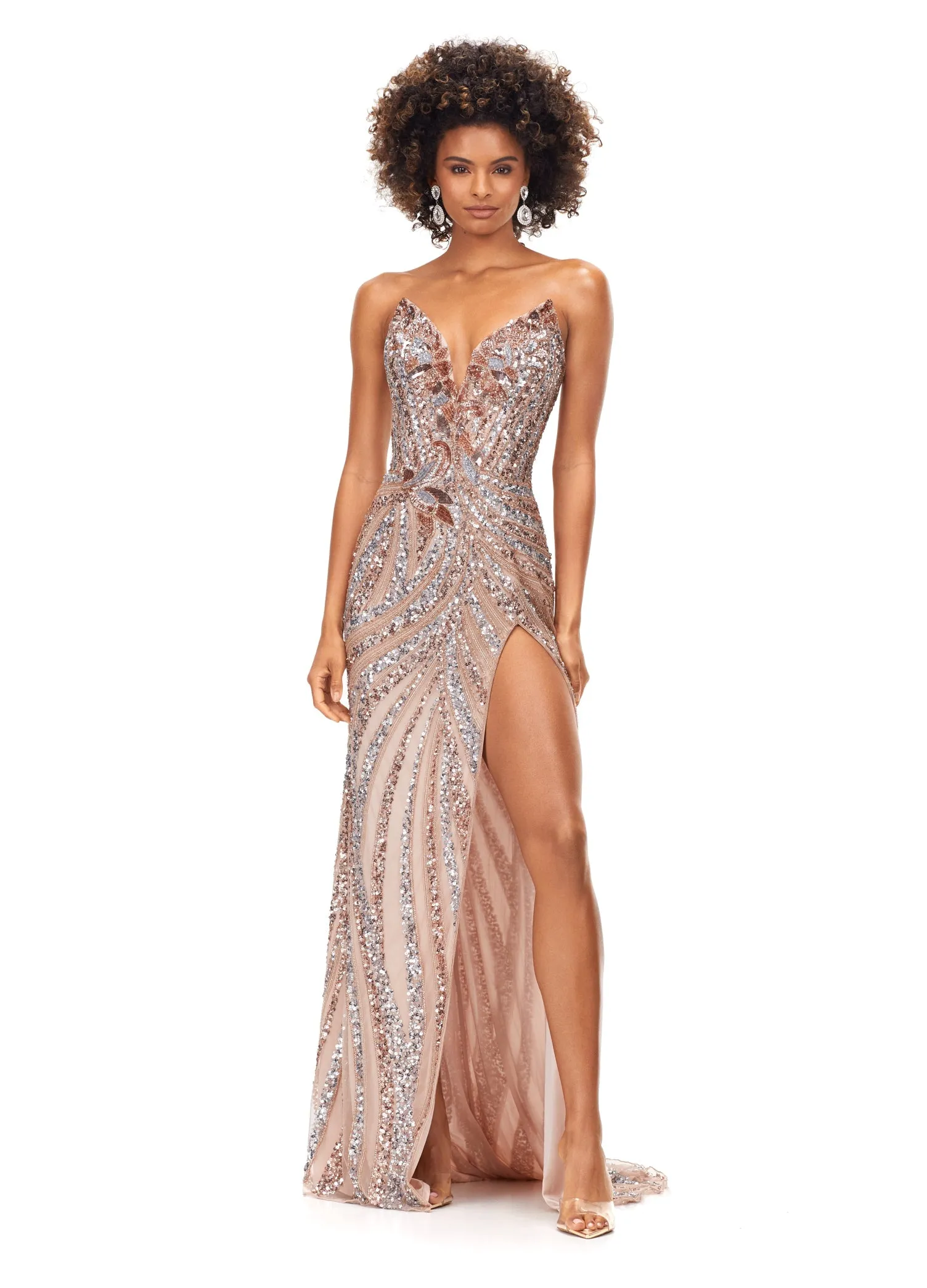 Ashley Lauren 11236 Long Fitted V Neck Prom Dress Slit Beaded Sequin Pageant Gown