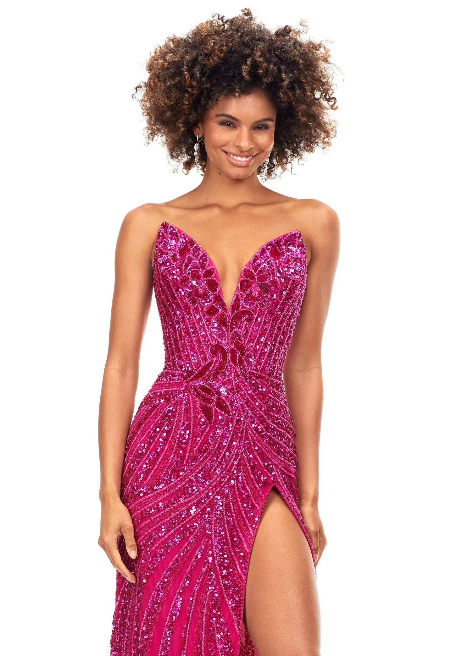 Ashley Lauren 11236 Long Fitted V Neck Prom Dress Slit Beaded Sequin Pageant Gown