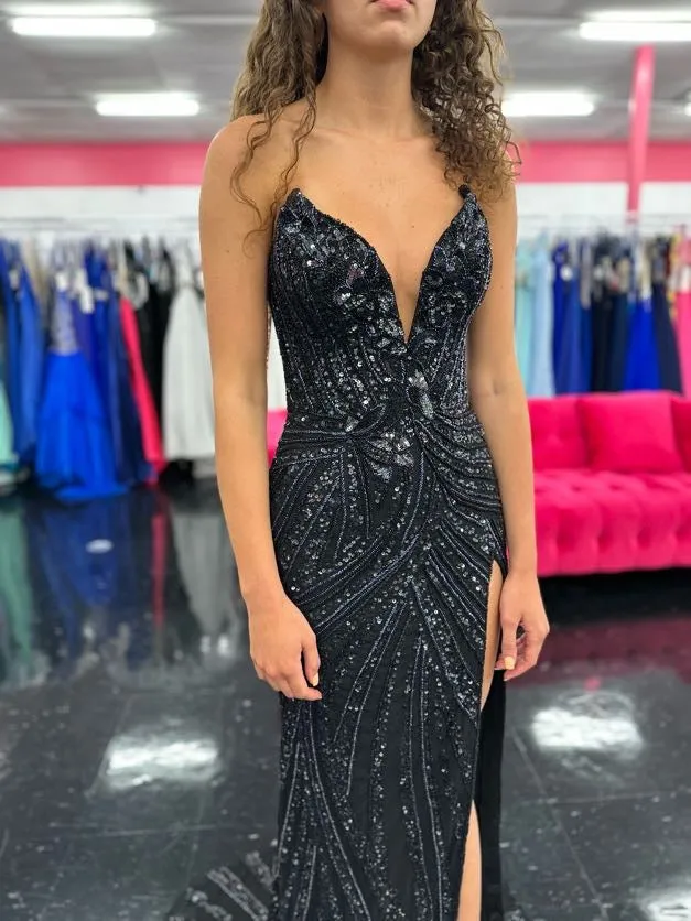 Ashley Lauren 11236 Long Fitted V Neck Prom Dress Slit Beaded Sequin Pageant Gown