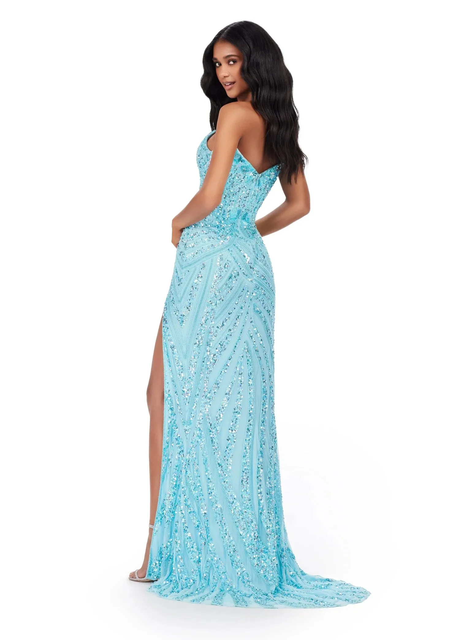 Ashley Lauren 11236 Long Fitted V Neck Prom Dress Slit Beaded Sequin Pageant Gown