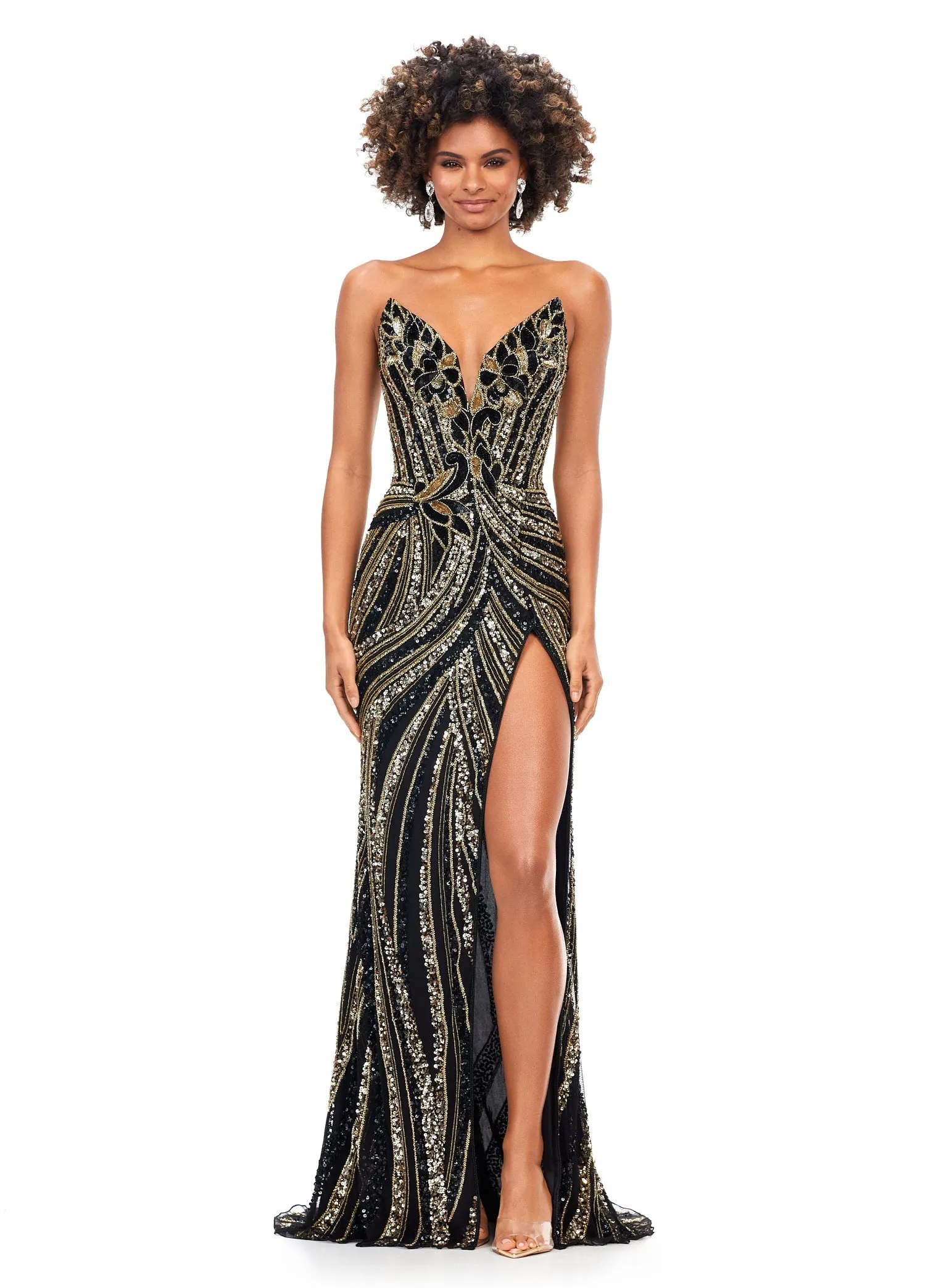 Ashley Lauren 11236 Long Fitted V Neck Prom Dress Slit Beaded Sequin Pageant Gown