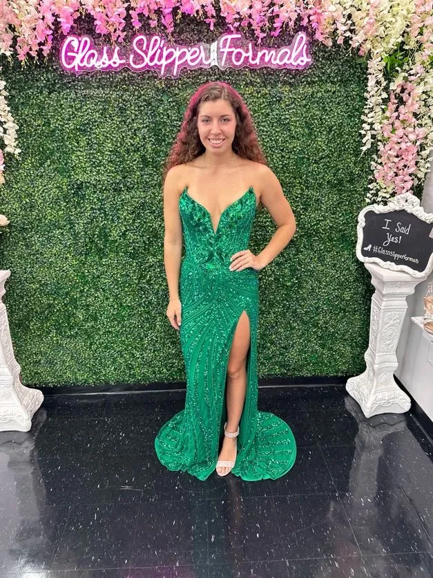 Ashley Lauren 11236 Long Fitted V Neck Prom Dress Slit Beaded Sequin Pageant Gown