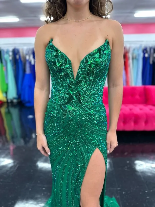 Ashley Lauren 11236 Long Fitted V Neck Prom Dress Slit Beaded Sequin Pageant Gown