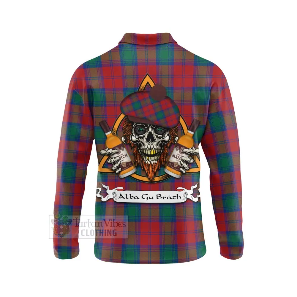 Auchinleck (Affleck) Tartan Long Sleeve Polo Shirt with Family Crest and Bearded Skull Holding Bottles of Whiskey