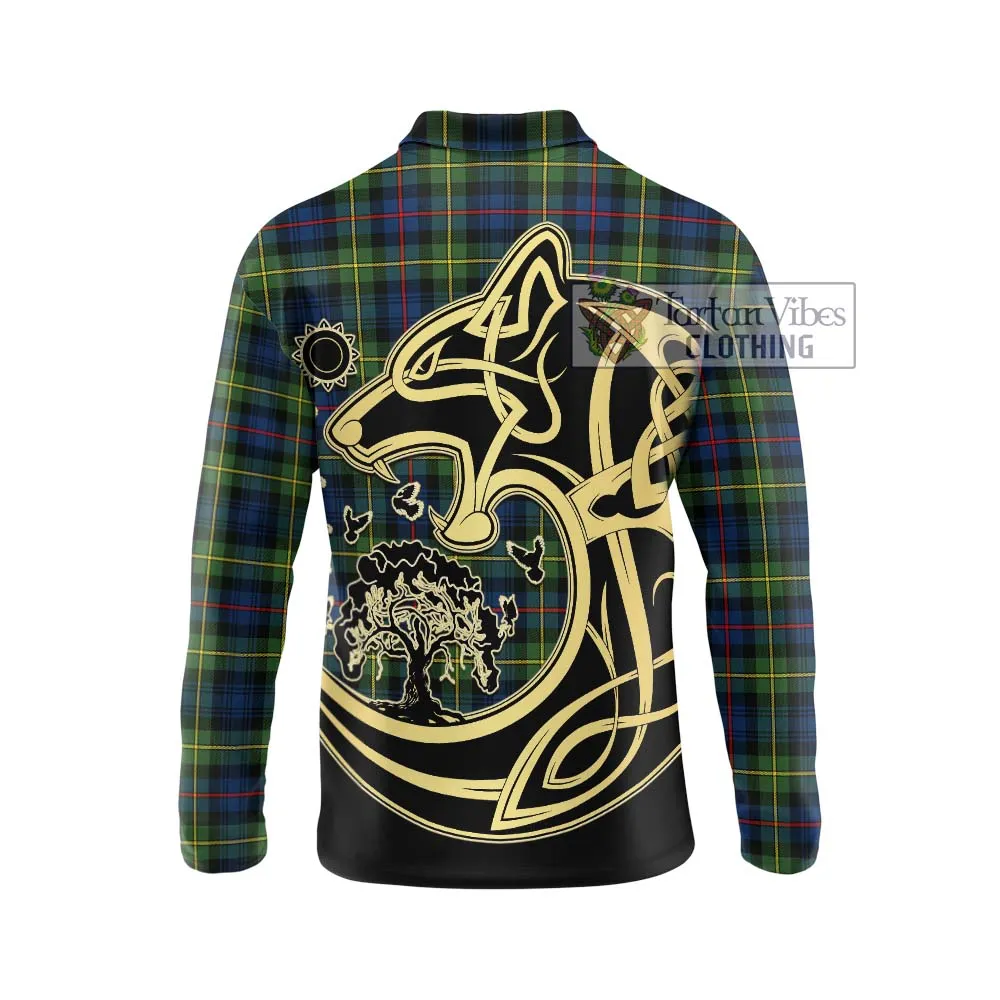 Bailey Modern Tartan Long Sleeve Polo Shirt with Family Crest Celtic Wolf Style