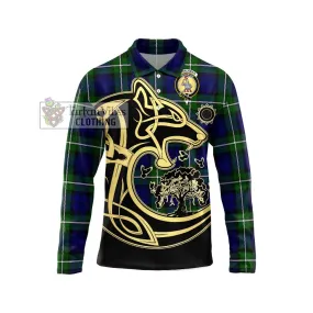 Bannerman Tartan Long Sleeve Polo Shirt with Family Crest Celtic Wolf Style