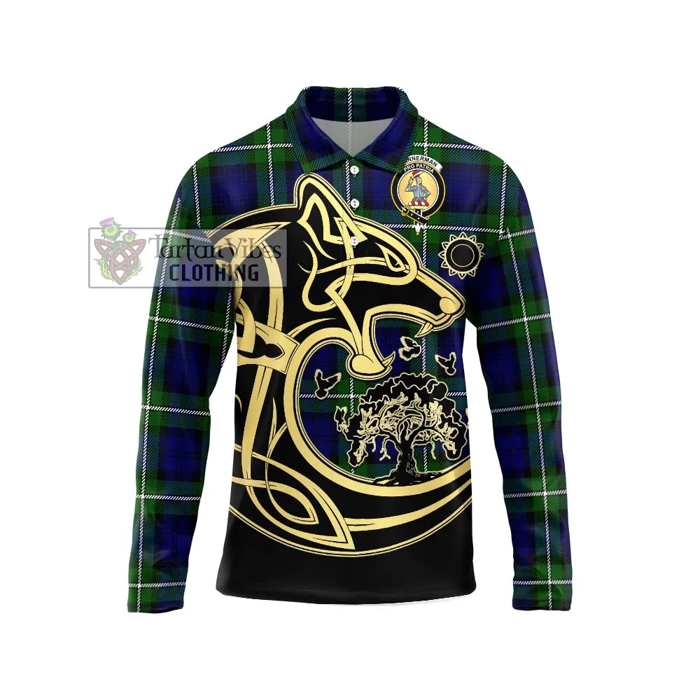 Bannerman Tartan Long Sleeve Polo Shirt with Family Crest Celtic Wolf Style