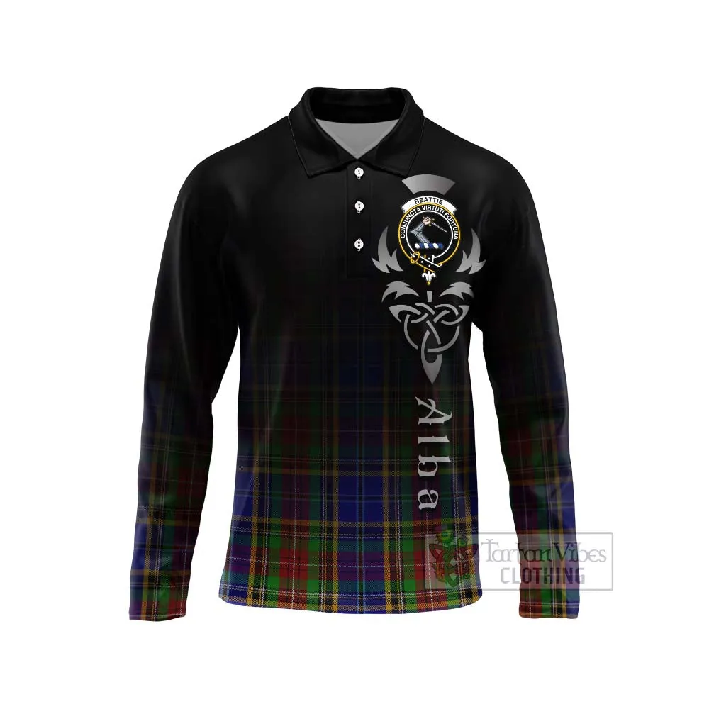 Beattie (Beatty) Tartan Long Sleeve Polo Shirt Featuring Alba Gu Brath Family Crest Celtic Inspired