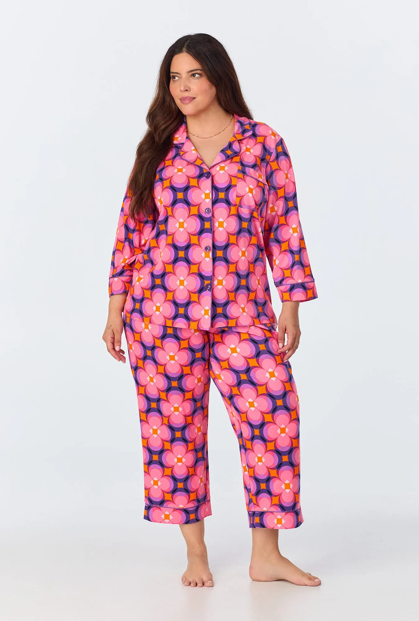 BedHead x Trina Turk Space Cat  3/4 Sleeve Classic Stretch Jersey Cropped PJ Set