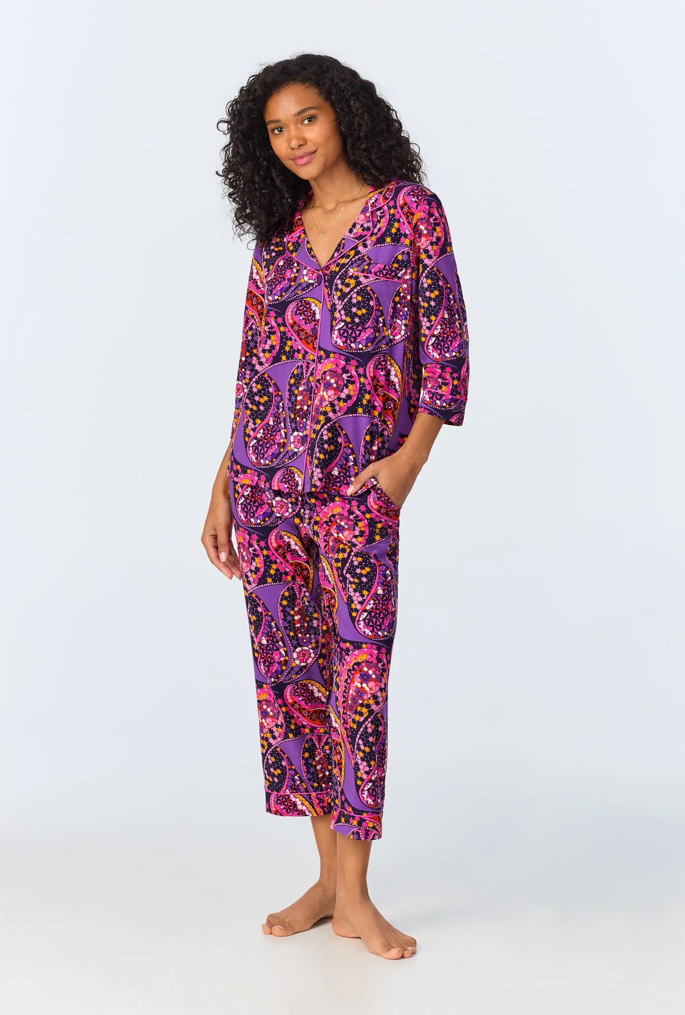 BedHead x Trina Turk Tangled Paisley 3/4 Sleeve Classic Stretch Jersey Cropped PJ Set