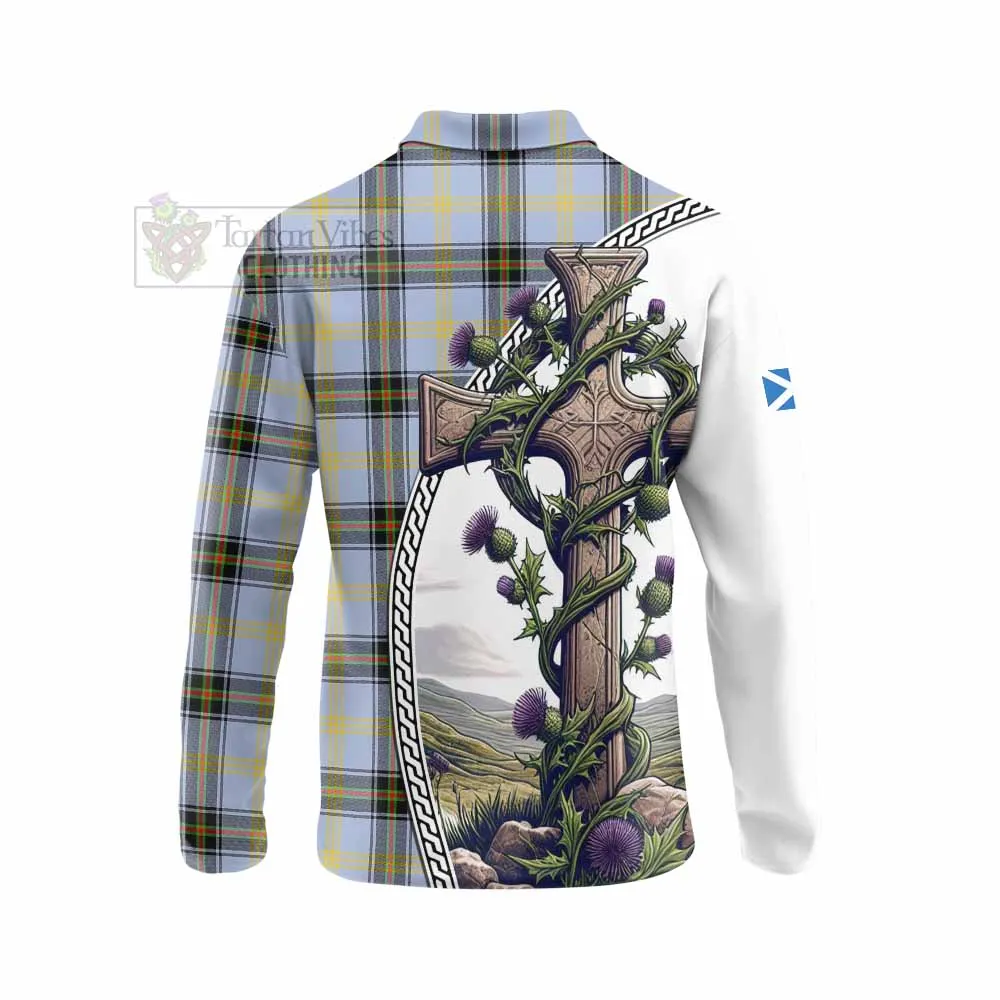 Bell Tartan Long Sleeve Polo Shirt with Family Crest and St. Andrew's Cross Accented by Thistle Vines