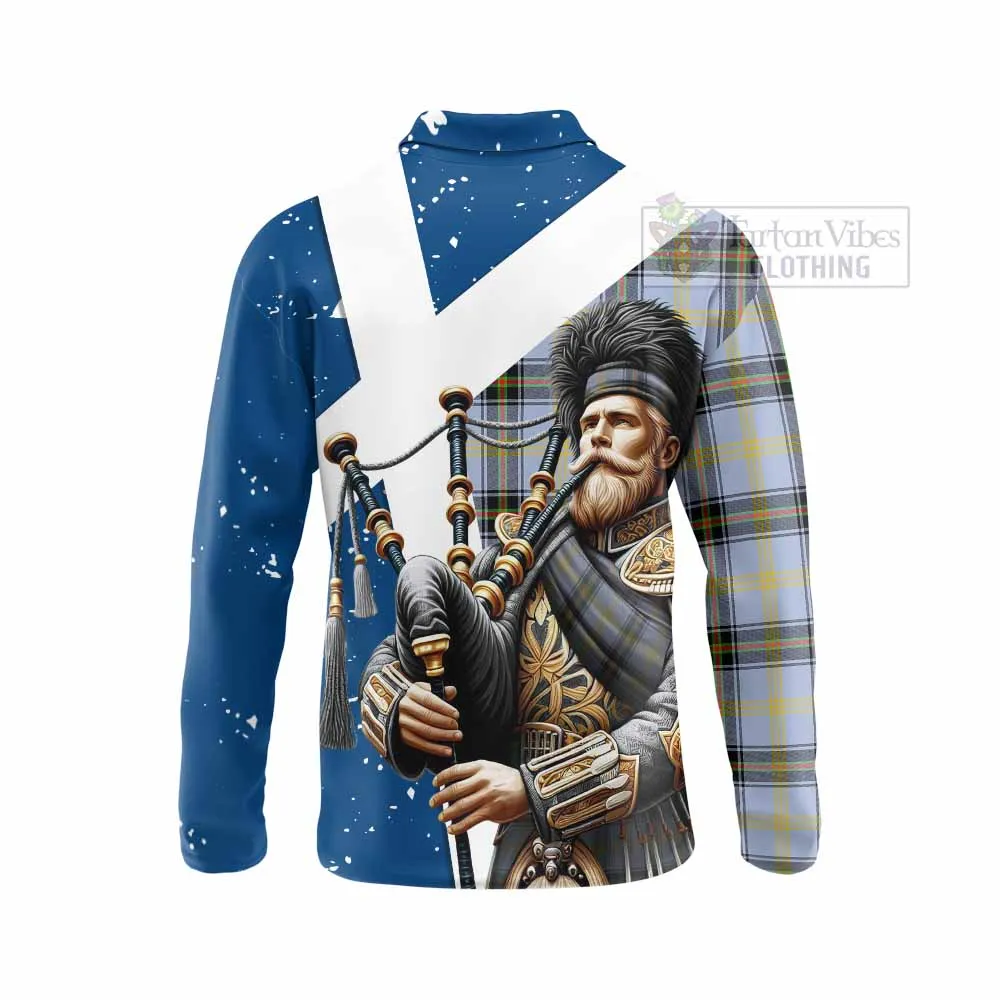 Bell Tartan Long Sleeve Polo Shirt with Family Crest Scottish Bagpiper Vibes