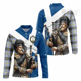 Bell Tartan Long Sleeve Polo Shirt with Family Crest Scottish Bagpiper Vibes