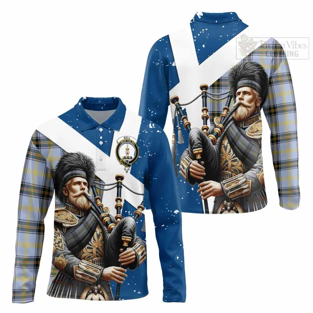 Bell Tartan Long Sleeve Polo Shirt with Family Crest Scottish Bagpiper Vibes