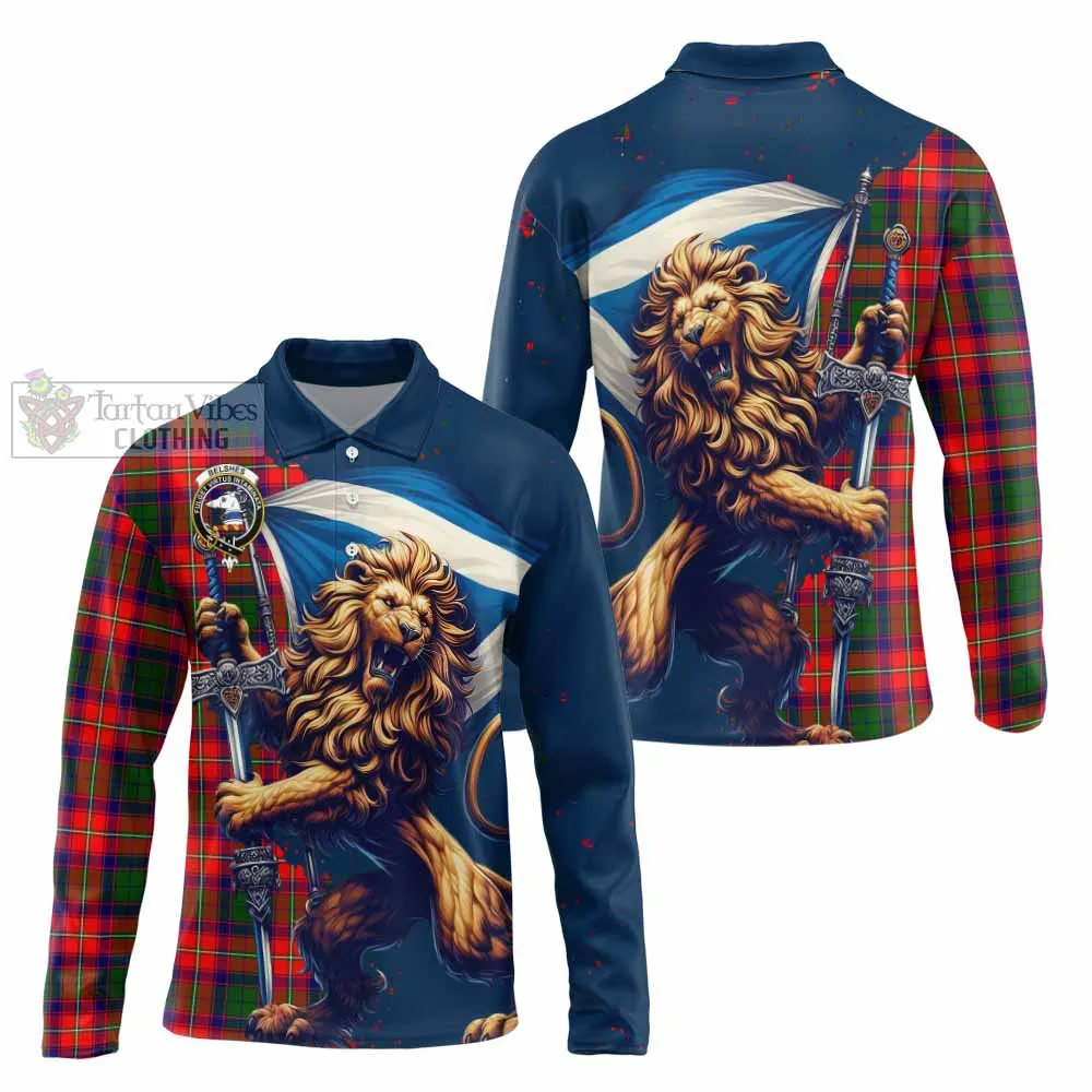 Belshes (Belsches) Tartan Family Crest Long Sleeve Polo Shirt with Scottish Majestic Lion