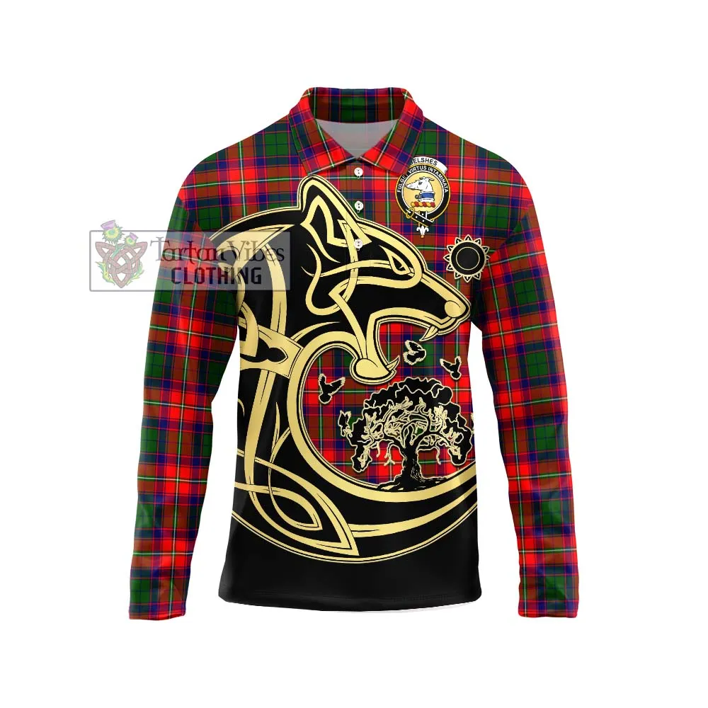 Belshes Tartan Long Sleeve Polo Shirt with Family Crest Celtic Wolf Style