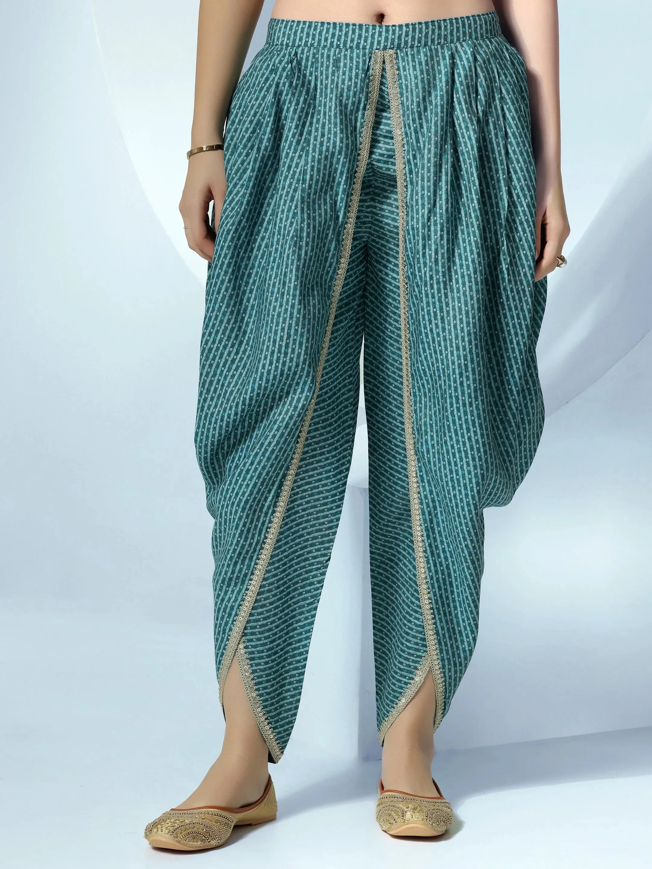 Blue Printed Silk Blend A-Line Kurta With Dhoti Pants