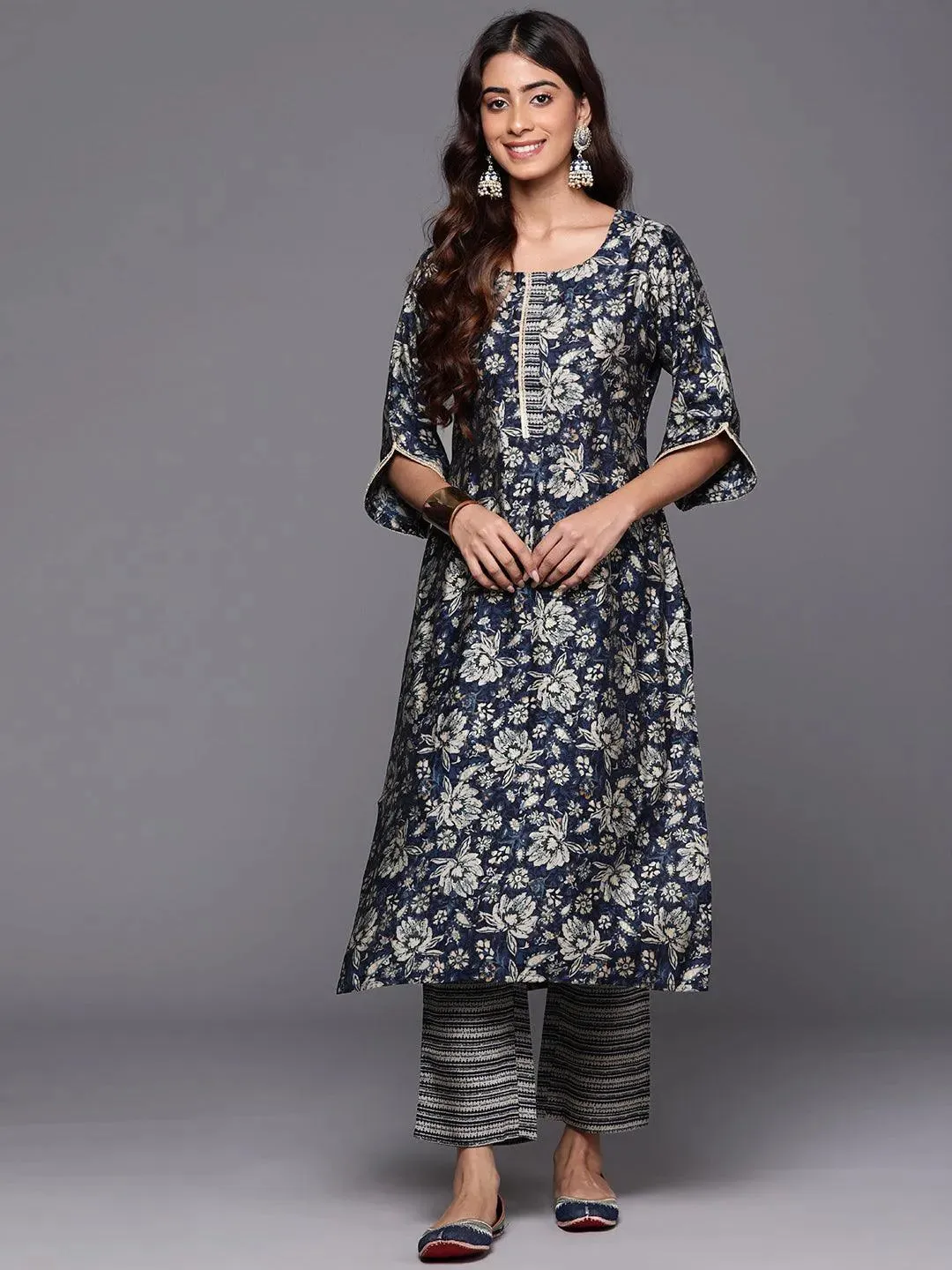 Blue Printed Silk Blend Straight Kurta Set