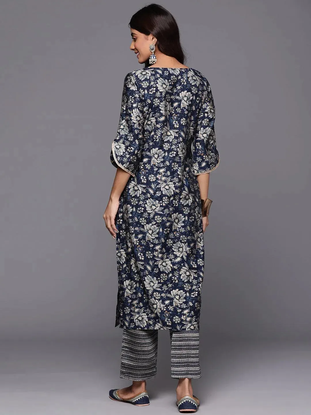 Blue Printed Silk Blend Straight Kurta Set