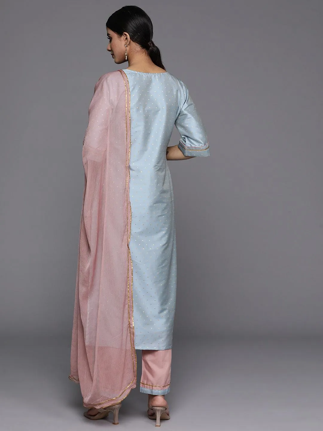 Blue Self Design Art Silk Straight Kurta With Trousers & Dupatta