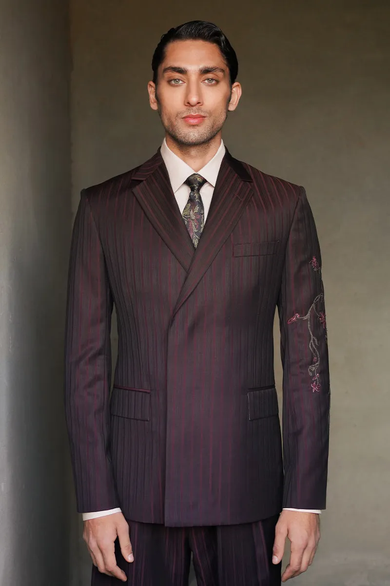 Burgundy Striped Single Breasted Suit